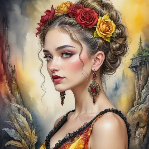 Prompt: beautiful woman, hair pinned up, yellow red black dress, earrings, Watercolor, trending on artstation, sharp focus, studio photo, intricate details, highly detailed, by  Josephine Wall and Jasmine Becket-Griffith