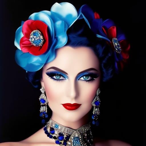 Prompt: Glamorously dressed lady of rhe 1930's wearing sapphire jewelry,blue eyes