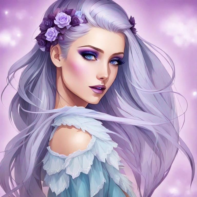 Prompt: A beautiful woman, white hair with pastel purple highlights, violet eyes, blue eyeshadow, pastel blue roses in her hair, blue jewels on forehead, cartoon style