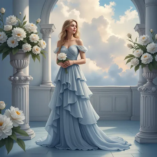 Prompt: This is a digitally created, hyper-realistic photograph featuring a young woman standing in a dreamy, ethereal setting. She has long, wavy blonde hair cascading over her shoulders and is wearing an off-the-shoulder, light blue, ruffled gown with multiple layers that flow gracefully to the floor. Her skin is fair, and she has a serene, slightly melancholic expression on her face, with her eyes closed and lips gently parted.

She holds a small bouquet of white roses in both hands, which rests just below her waist. The background is a soft, pastel blue, featuring an arched window through which a dreamy, cloudy sky is visible. The arch is flanked by tall, white, classical columns adorned with intricate carvings. Large, ornate vases filled with white hydrangeas are placed on either side of her, adding to the romantic and elegant atmosphere.

The floor is a smooth, reflective blue surface, and the overall lighting is soft and diffused, creating a gentle, almost magical ambiance. The image has a timeless, fairy-tale quality, with a focus on delicate textures and soft colors, enhancing the romantic and serene mood.