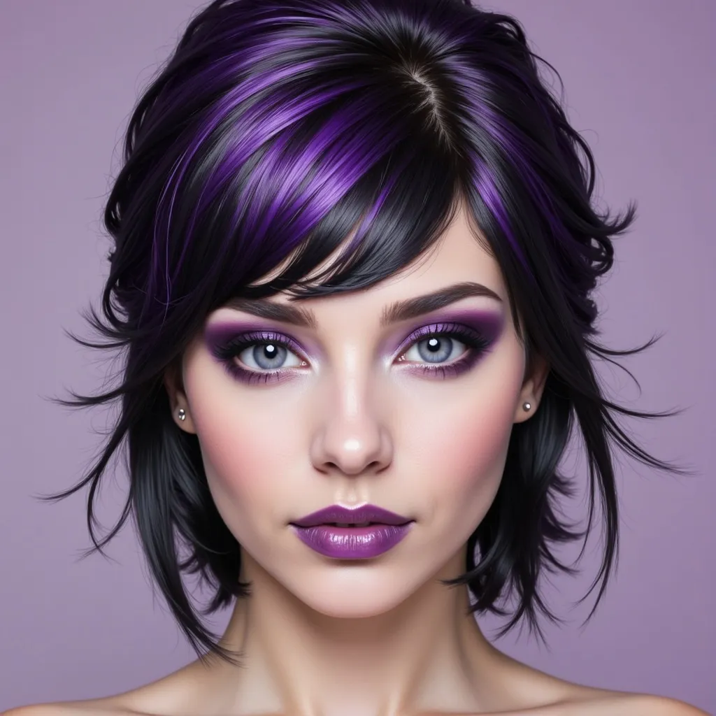 Prompt: a woman with purple makeup and purple hair , Eve Ryder, gothic art, purple, a character portrait