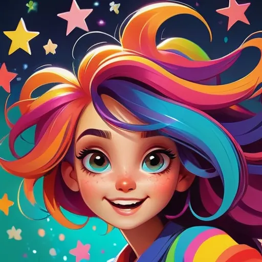 Prompt: colorful illustration of a playful girl, vibrant color palette, sparkling and twinkling elements, cartoon style, playful expression, flowing hair with vibrant colors, twinkling stars, vibrant, cartoon, playful, colorful, twinkling, sparkling, lively expression, vibrant hair, colorful palette