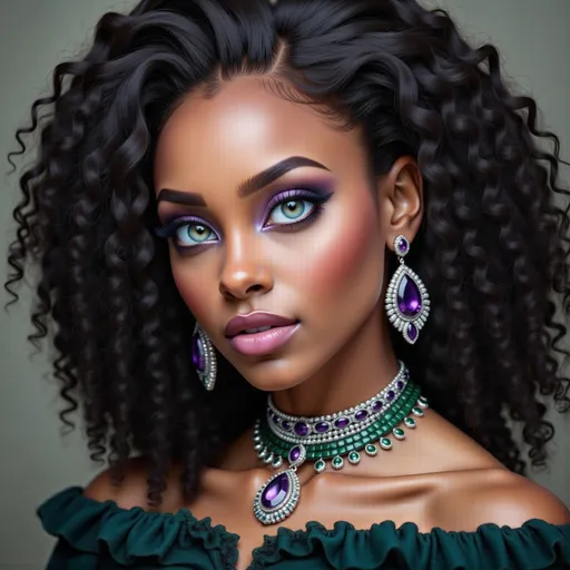 Prompt: Radiating elegance, the subject features voluminous, defined curls cascading around her shoulders, framing a striking face highlighted by bold, dramatic makeup. Her mesmerizing green eyes, accentuated with rich purple eyeshadow, draw attention, while luscious plump lips are painted in a deep violet hue, perfectly complementing her radiant skin. Adorning her neck and ears are stunning pieces of jewelry showcasing rich emerald greens and regal purples, enhancing the luxurious vibe of the look. The soft, neutral background offers a chic contrast to her vibrant appearance, emphasizing both her poise and the intricate details of her accessories, creating an overall impression of sophistication and glamour.