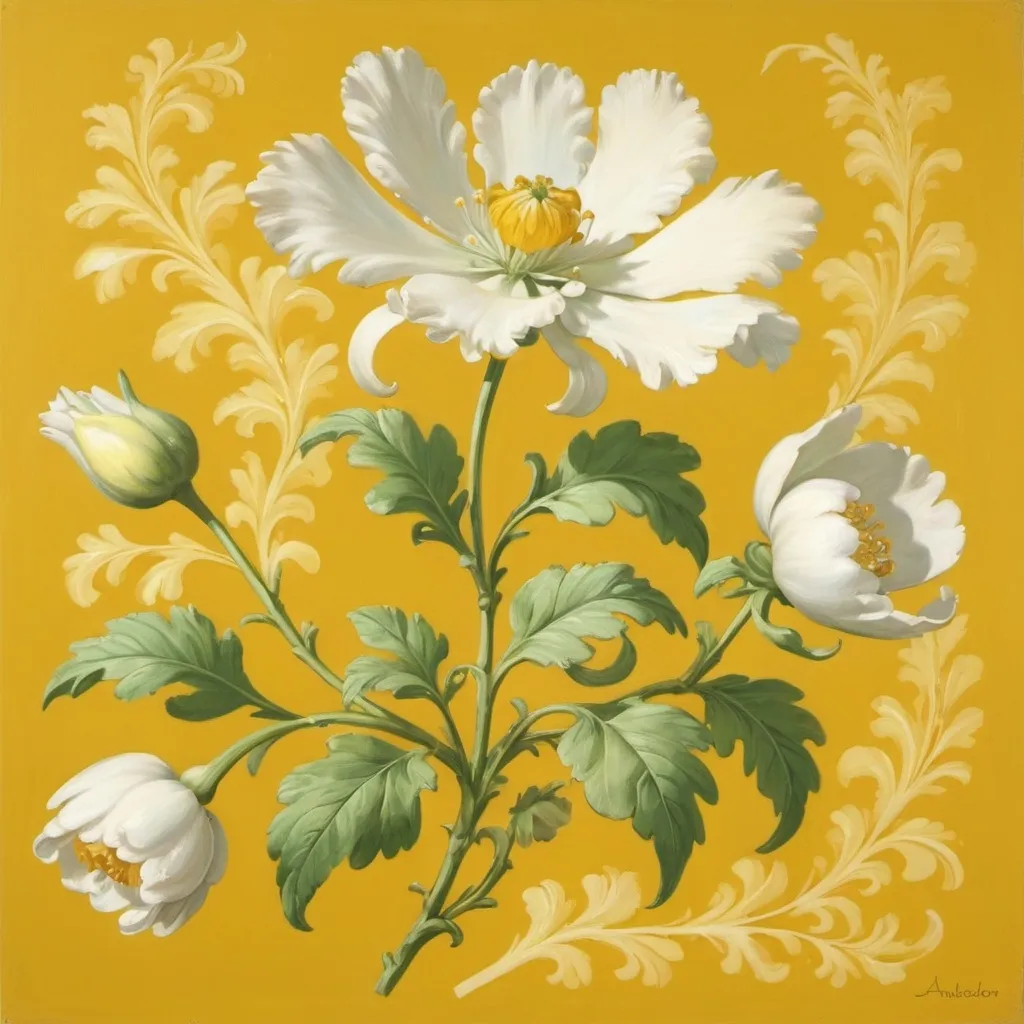 Prompt: a white and yellow flower with green leaves on a yellow background with a yellow background and a white and yellow flower, Annabel Kidston, rococo, artgem, a flemish Baroque