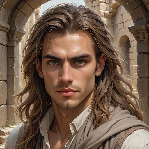 Prompt: Long, flowing hair frames the chiseled face of a young man gazing directly at the viewer, exuding a confident yet contemplative air. His piercing eyes are accentuated by a subtle furrow in his brow, suggesting depth and intensity. Dressed in a light-colored shirt and a draped shawl, he stands amidst ancient stone ruins illuminated by soft sunlight filtering through the archways, hinting at a historical or adventurous backdrop. The earthy tones of the stone and the lush greenery in the distance create a harmonious blend, while the focused expression of the character conveys a sense of purpose or quest. The overall composition, rich in detail and texture, evokes a narrative steeped in mystery and exploration.