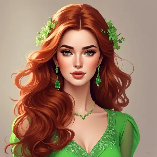 Prompt: <mymodel>Detailed illustration of a woman in vibrant green attire, large vivid green eyes, elegant makeup, digital painting, high resolution, realistic style, vibrant green, professional lighting