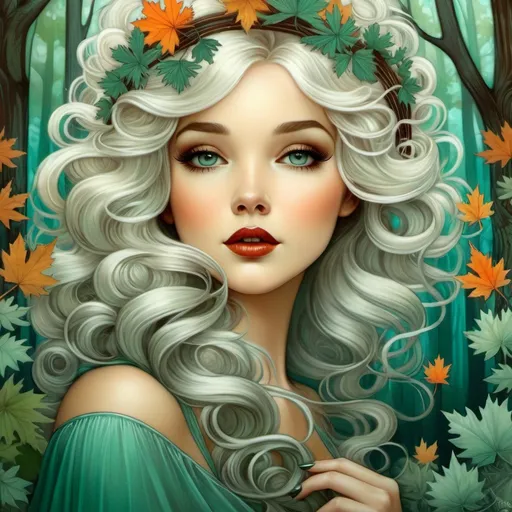 Prompt: The beautiful young lady with curly blowing platinum hair illustration art by Lori Earley, Daria Endresen, Tristan Eaton. Whimsical forest background, Extremely detailed, intricate, beautiful. 
