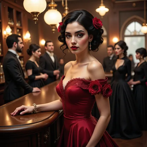 Prompt: Visualize a richly detailed saloon from the 1800s, its wooden floors polished to a warm shine, with amber light flickering from ornate gas lamps hanging above. The air is thick with a mix of tobacco smoke and the scent of aged whiskey. In the center, a graceful lady stands poised, wearing an elegant, flowing gown of deep crimson adorned with delicate lace and pearls. Her expression is one of intrigue, eyes sparkling with mystery as she leans slightly against the bar, her delicate fingers brushing the polished wood. Around her, patrons clad in period attire engage in hushed conversations, their faces illuminated by the soft glow of the surroundings. The scene should be depicted in a cinematic lighting style, emphasizing the depths of shadow and the warm glow of the saloon atmosphere.