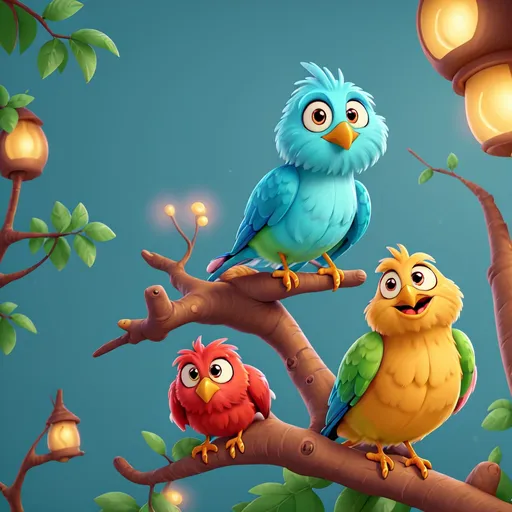 Prompt: Cartoon illustration of a bird in a tree, vibrant colors, warm atmosphere, big expressive eyes, high quality, vibrant colors, cute cartoon, detailed fur, playful, whimsical, warm lighting