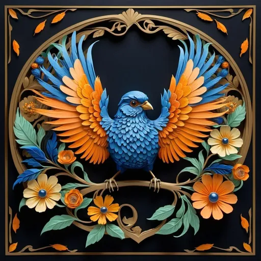 Prompt: a bird with a blue head and orange feathers sitting on a branch with flowers and leaves around it, on a dark background, Chris LaBrooy, art nouveau, highly detailed digital painting, an art deco painting