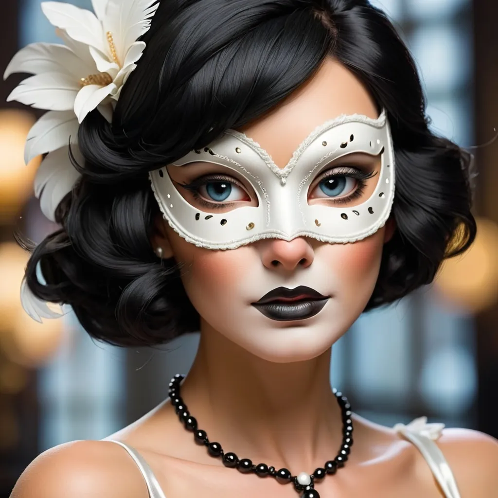 Prompt: white masquerade mask worn by an elegant lady with black hair, facial closeup