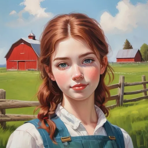 Prompt: a pretty farm girl in a classic farm scene with a red barn, rustic countryside setting, vibrant green pastures, traditional wooden fences, clear blue sky, high quality, oil painting, classic style, warm tones, natural lighting