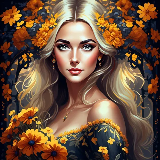 Prompt: <mymodel>High-resolution digital painting of a graceful woman, vibrant yellow flower field, realistic and detailed floral elements, soft and warm sunlight, flowing elegant dress, detailed facial features with a gentle expression, professional digital painting, realistic, detailed flowers, graceful posture, warm and soft lighting, best quality, highres, ultra-detailed, digital painting, realistic, warm tones, elegant