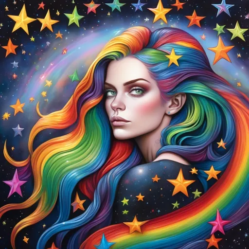 Prompt: a painting of a woman with rainbow hair, with stars in the background, Anne Stokes, psychedelic art, highly detailed digital painting, a detailed painting