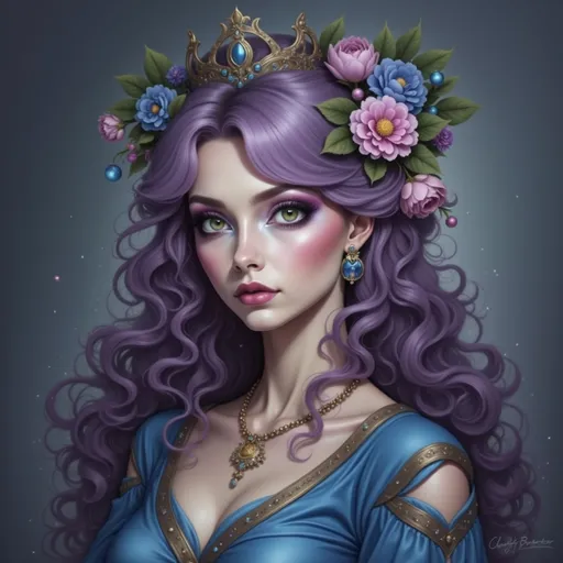 Prompt: a woman with purple hair wearing a crown and flowers on her head, with a blue background and a blue background, Charlie Bowater, fantasy art, highly detailed digital painting, a detailed painting