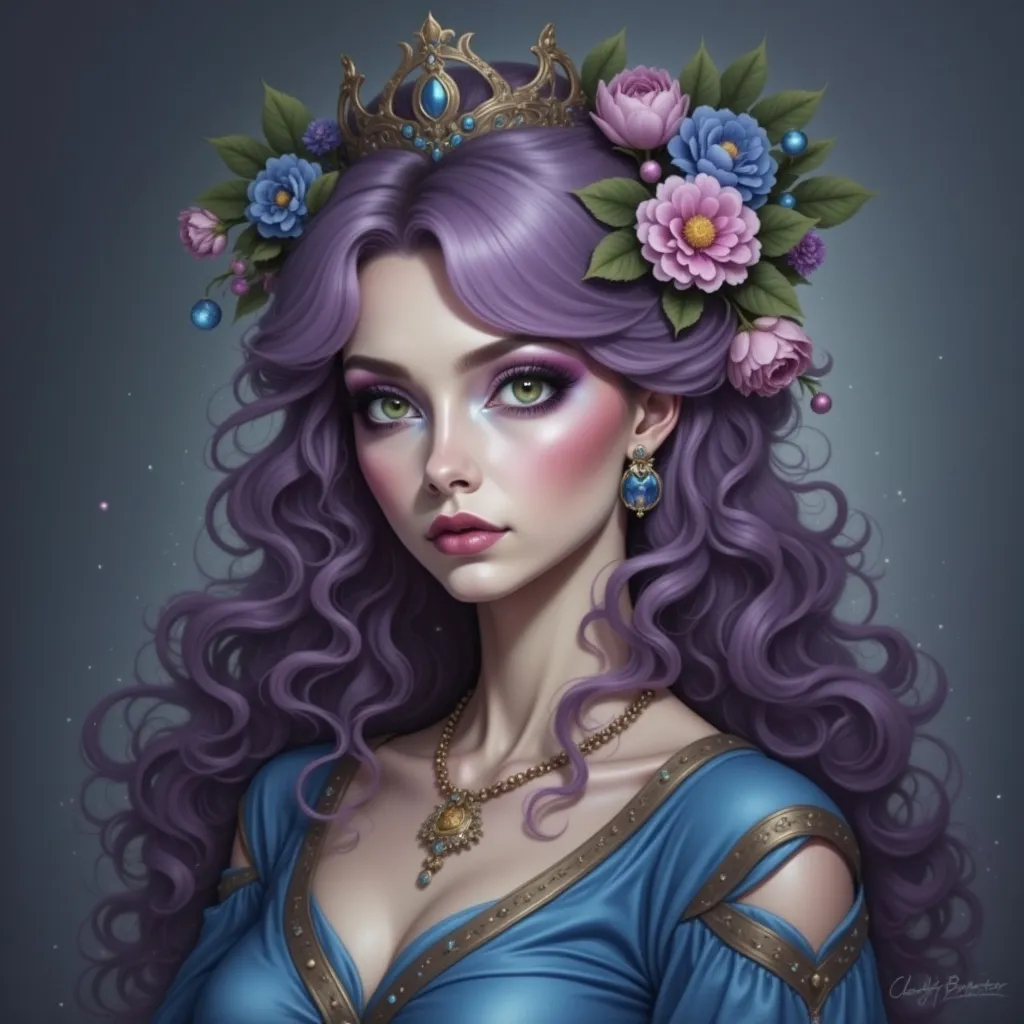 Prompt: a woman with purple hair wearing a crown and flowers on her head, with a blue background and a blue background, Charlie Bowater, fantasy art, highly detailed digital painting, a detailed painting