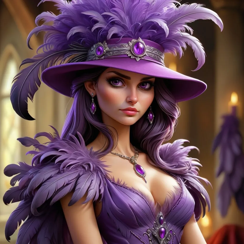 Prompt: a woman wearing a purple hat with feathers on it's head and a purple dress with a purple feathered dress, Anne Stokes, fantasy art, highly detailed digital painting, a detailed painting