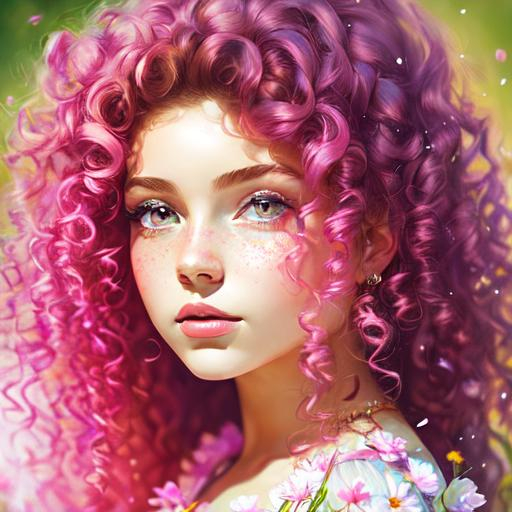 Prompt: a young fairy of spring, very curly hair, pink glow on cheeks,wildflowers, vivid colors, closeup