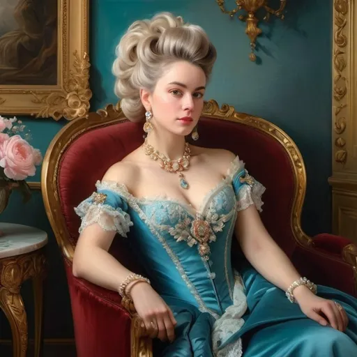 Prompt: Rococo era portrait of a woman, oil painting, luxurious clothing, elaborate hairstyle, ornate jewelry, soft pastel colors, soft and diffused lighting, high quality, detailed brushwork, elegant and refined, opulent setting, intricate lace details, classic beauty, historical art, Rococo style, delicate features, aristocratic charm