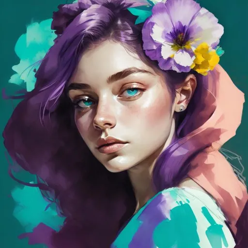 Prompt: young woman with a flower in her hair, colors of purple and turquoise, facial closeup