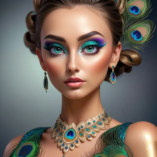 Prompt: Gorgeous woman with beautiful makeup and hair, peacock feathers, high-quality, detailed, realistic, elegant, vibrant colors, professional makeup, glamorous lighting, 4k resolution, portrait, detailed facial features, luxurious, exotic, peacock feathers, elegant hairstyle, stunning makeup, beauty shot