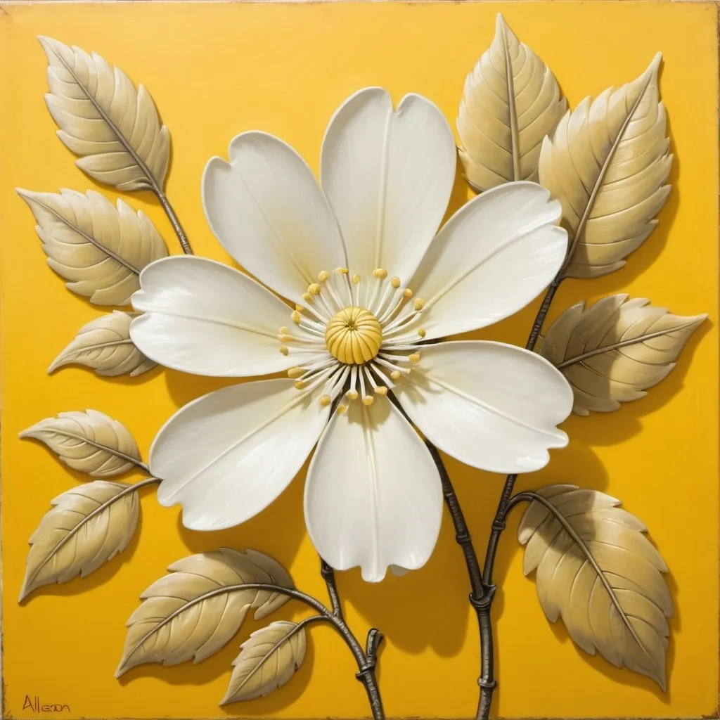 Prompt: a white flower with yellow leaves on a yellow background with a yellow background and a white flower with yellow leaves on a yellow background, Alison Kinnaird, art deco, exquisite detail, an art deco painting