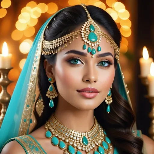 Prompt: Radiating elegance and grace, the stunning subject captivates with striking turquoise jewelry that adorns her elaborate headdress and neckline, harmonizing beautifully with her piercing blue-green eyes and flawless skin. The luminous background, softened by warm, golden bokeh, suggests an exquisite indoor setting reminiscent of a refined cultural celebration, filled with soft candlelight. Rich jewel tones intermingle with delicate golden accents in her attire, effortlessly drawing focus to her serene expression and the intricate details of her traditional adornments. The overall ambiance is regal and enchanting, embodying a timeless beauty that tells a story steeped in tradition and artistry.