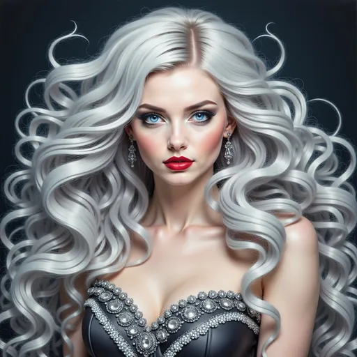 Prompt: a woman with long white hair and a black dress with silver accents on her face and chest, wearing a black dress with silver accents on her chest, Anne Stokes, gothic art, white hair, a photorealistic painting