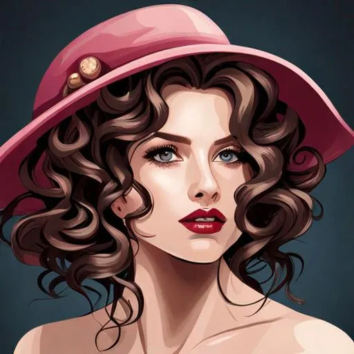 Prompt: fashionable lady with curly hair.Wering a hat
