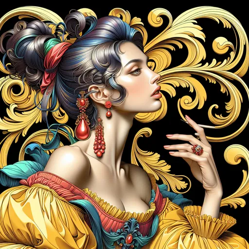 Prompt: <mymodel> a drawing of a woman with a ponytail and a red earring on her head and a yellow top, Ayako Rokkaku, rococo, official art, concept art