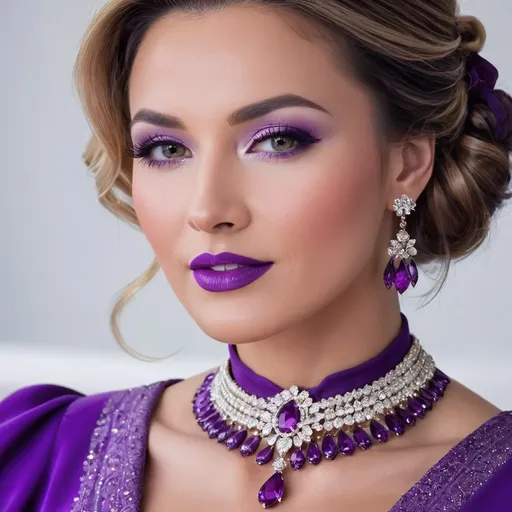 Prompt: lady in purple high class attire, facial closeup