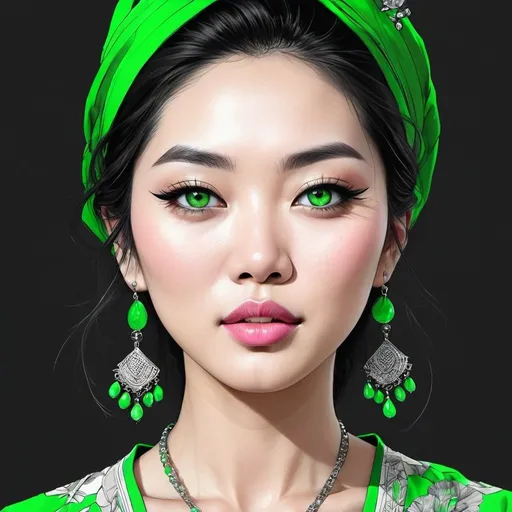 Prompt: <mymodel>Detailed illustration of a asian woman in vibrant green attire, large vivid green eyes, elegant makeup, digital painting, high resolution, realistic style, vibrant green, professional lighting