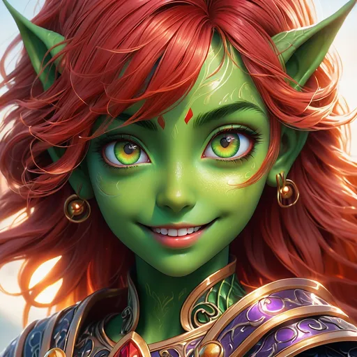 Prompt: ink painting, D&D fantasy, cute young ((green-skinned-goblin girl)), green-skinned-female, short petite body slender, beautiful, ((beautiful detailed face and large anime eyes)) long wavy fiery red hair, smiling, pointed ears, looking at the viewer, cleric wearing intricate adventurer outfit, intricate hyper detailed hair, intricate hyper detailed eyelashes, intricate hyper detailed shining pupils #3238, UHD, hd , 8k eyes, detailed face, big anime dreamy eyes, 8k eyes, intricate details, insanely detailed, masterpiece, cinematic lighting, 8k, complementary colors, golden ratio, octane render, volumetric lighting, unreal 5, artwork, concept art, cover, top model, light on hair colorful glamourous hyperdetailed, intricate hyperdetailed breathtaking colorful glamorous scenic view landscape, ultra-fine details, hyper-focused, deep colors, dramatic lighting, ambient lighting god rays, | by sakimi chan, artgerm, wlop, pixiv, tumblr, instagram, deviantart