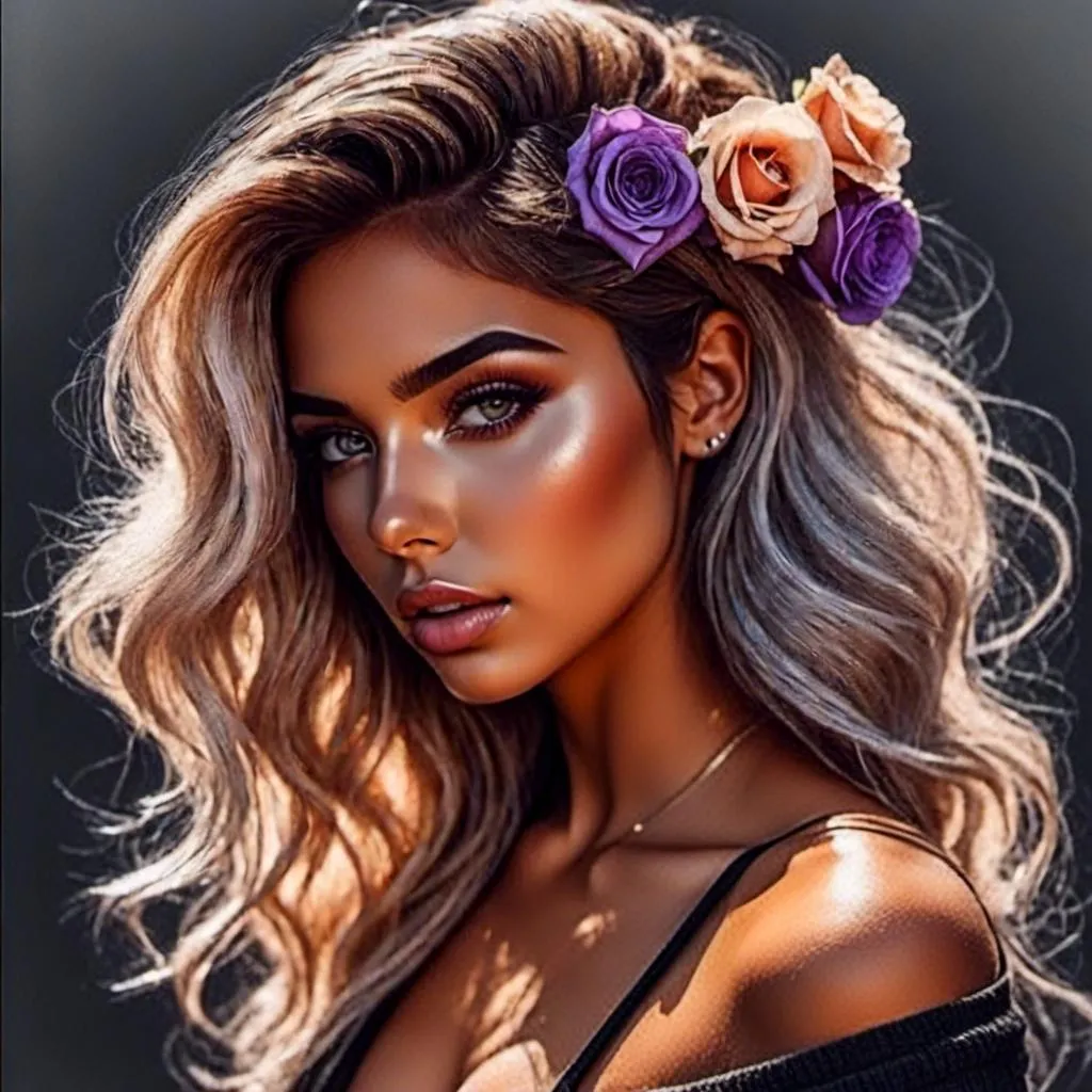Prompt: <mymodel>Beautiful and Gorgeous woman, purple roses in hair