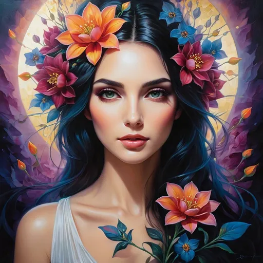 Prompt: Beautiful  hybrid woman with flowers sprouting from her, oil painting, ethereal glow, dark and mysterious, high quality, vibrant colors, surreal, haunting, intricate floral details, intense gaze, mystical atmosphere, oil painting,  ethereal, vibrant colors, surreal, haunting, floral details, intense gaze, mystical atmosphere