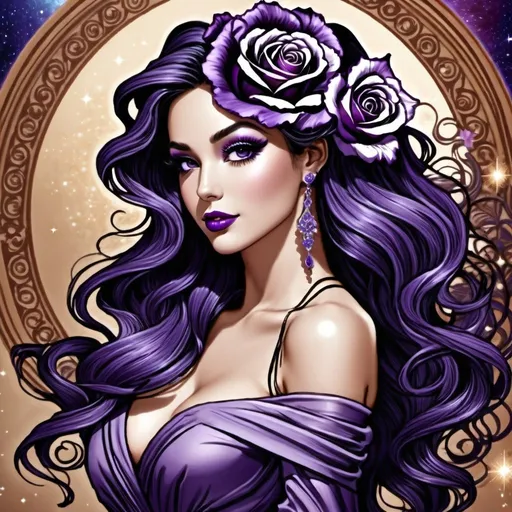 Prompt: Cosmic Epic Beauty, Beautiful and Gorgeous, purple roses in hair