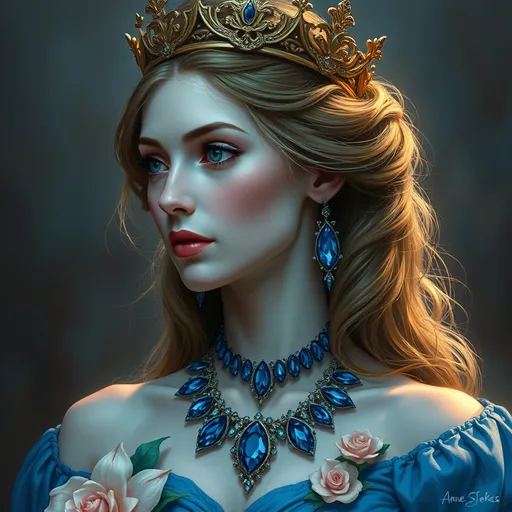 Prompt: a woman with a crown on her head and a necklace on her neck of sapphires, in a blue dress with flowers, Anne Stokes, fantasy art, highly detailed digital painting, a detailed painting