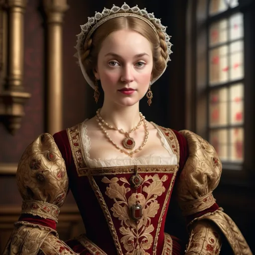 Prompt: (statuesque portrait of Anne of Cleves), vibrant Tudor-era attire, intricate lace details, embroidered patterns, serene expression, elegant pose, rich background of a historic castle, warm gold and deep crimson tones, soft diffused lighting, classical artwork style, ultra-detailed, regal atmosphere, capturing the essence of 16th-century nobility, majestic ambiance.