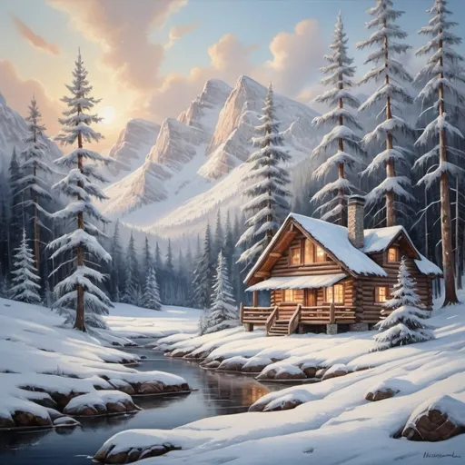 Prompt: Snowy cabin in a serene wintery landscape, cozy log cabin, snowy pine trees, high quality, realistic, traditional painting, winter wonderland, snow-covered roof, warm glowing windows, peaceful, serene atmosphere, cold blue and white tones, soft natural lighting