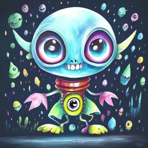 Prompt: Whimsical, cute alien, cartoon style, vibrant colors, large expressive eyes, playful demeanor, alien landscape, otherworldly plants, best quality, high resolution, vibrant, cartoon, cute, whimsical, otherworldly, playful, expressive eyes, alien landscape, vibrant colors, professional