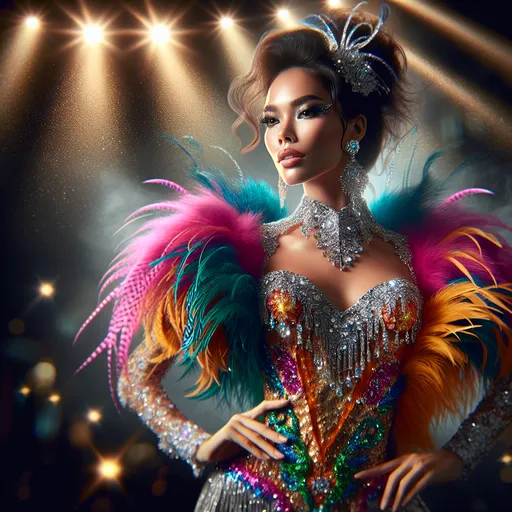 Prompt: (showgirl), glamorous attire with feathers and sequins, vibrant and colorful dress, dramatic pose, confident expression, spotlight illuminating, dynamic stage elements, sparkly accessories, high fashion, background filled with glimmer and glamour, lively atmosphere, (ultra-detailed), (4K) quality, evocative mood that exudes excitement and allure.