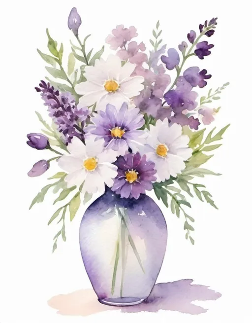 Prompt:  watercolor portrait, vase with bouquet of purple and white flowers, white background