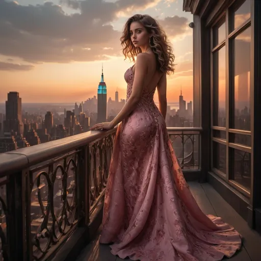 Prompt: Bathed in the warm glow of a sunset, a young woman stands elegantly on a balcony overlooking a sprawling cityscape, where the iconic silhouette of the Empire State Building towers in the distance. Adorned in a stunning pink gown embellished with vibrant floral patterns, she exudes grace and sophistication, her expressive gaze directed towards the horizon. Soft curls cascade down her shoulders, framing her delicate features, while the intricate detailing of her dress harmonizes beautifully with the twilight sky. The atmospheric lighting highlights the ornate architectural elements surrounding her and enhances the romantic mood of the scene, as if she is lost in a daydream amidst the bustling city below.