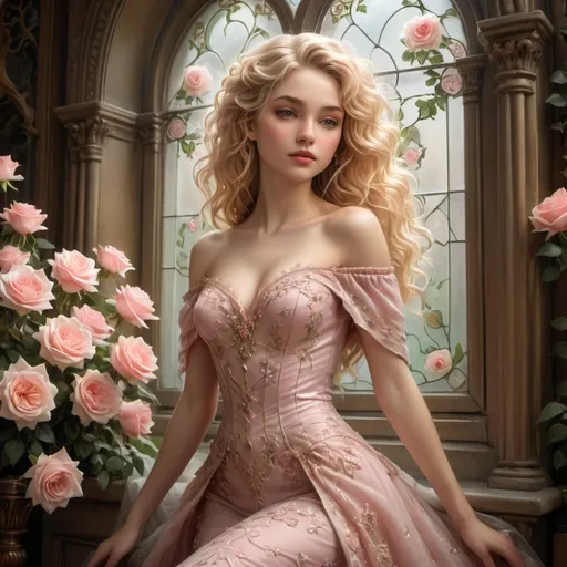 Prompt: Bathed in soft light filtering through an ornate window, a stunning figure stands gracefully amid an arrangement of delicate pink roses. The character, dressed in an exquisite off-the-shoulder gown adorned with intricate floral embroidery and sparkling gems, exudes elegance and charm. Her long, cascading blonde curls frame a radiant face with soft, rosy cheeks and striking green eyes, highlighted by subtle makeup that enhances her natural beauty. The scene is imbued with a romantic and ethereal atmosphere, evoking feelings of grace and serenity, as the gentle blending of pastel hues and soft luminosity creates an enchanting, dreamlike quality.