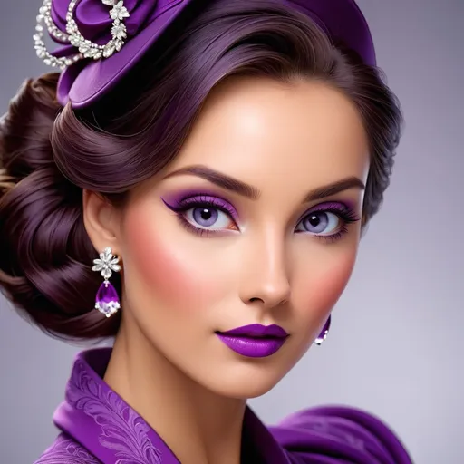 Prompt: lady in purple high class attire, facial closeup