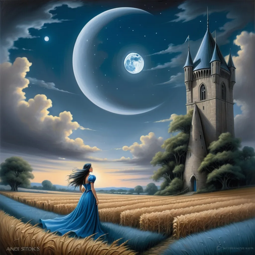 Prompt: a painting of a woman in a blue dress standing in a field with a tower in the background and a full moon in the sky, Anne Stokes, fantasy art, fantasy artwork, a storybook illustration