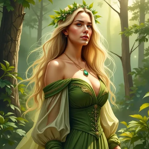Prompt: This is a highly detailed digital artwork depicting a regal, ethereal female figure standing in a lush, verdant forest. The woman has long, flowing blonde hair cascading over her shoulders and down her back. She wears a crown adorned with small, green leaves, signifying a connection to nature. Her eyes are a striking blue, standing out against her fair skin.

She is dressed in an elaborate, green gown that resembles a blend of medieval and fantasy styles. The bodice is tightly laced, adorned with intricate gold embroidery, and features a low, off-the-shoulder neckline that accentuates her slender, elegant neck and collarbones. The gown's sleeves are puffed and adorned with gold accents, and the skirt flows gracefully to the ground, with a slight sheen that suggests a silky or satin-like fabric.

Around her neck, she wears a gold necklace with a large, green gemstone that matches the green of her gown. The background is a dense forest, with tall trees and a canopy of leaves allowing sunlight to filter through, creating a mystical, almost magical atmosphere. The overall color palette is dominated by various shades of green, enhancing the natural, woodland setting. The artist has used a realistic yet slightly fantastical style, with meticulous attention to detail in both the character and the environment.