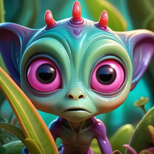 Prompt: Whimsical, cute alien, cartoon style, vibrant colors, large expressive eyes, playful demeanor, alien landscape, otherworldly plants, best quality, high resolution, vibrant, cartoon, cute, whimsical, otherworldly, playful, expressive eyes, alien landscape, vibrant colors, professional