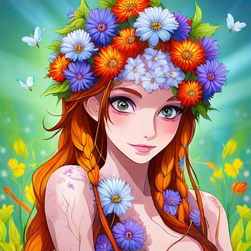 Prompt: a fairy of spring, ,wildflowers, vivid colors,  facial closeup