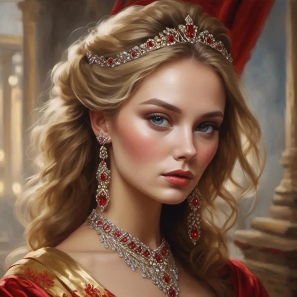 Prompt: <mymodel>Realistic oil painting of a powerful and elegant woman, flowing red gown, intricate jewelry, captivating gaze, detailed facial features, high quality, realistic, oil painting, elegant, flowing gown, powerful, captivating gaze, detailed facial features, intricate jewelry, professional lighting